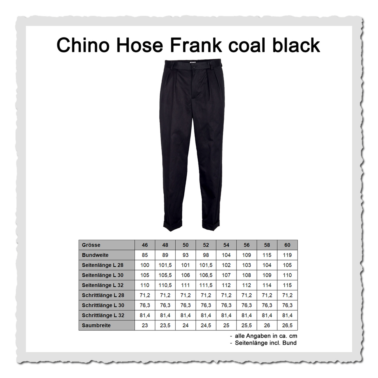 Masstabelle Retronia Hochbundhose – schwarze Baumwollhose im Heritage-Look